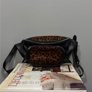 MNG Leopard Print Calf Hair Black Leather Waist Bag